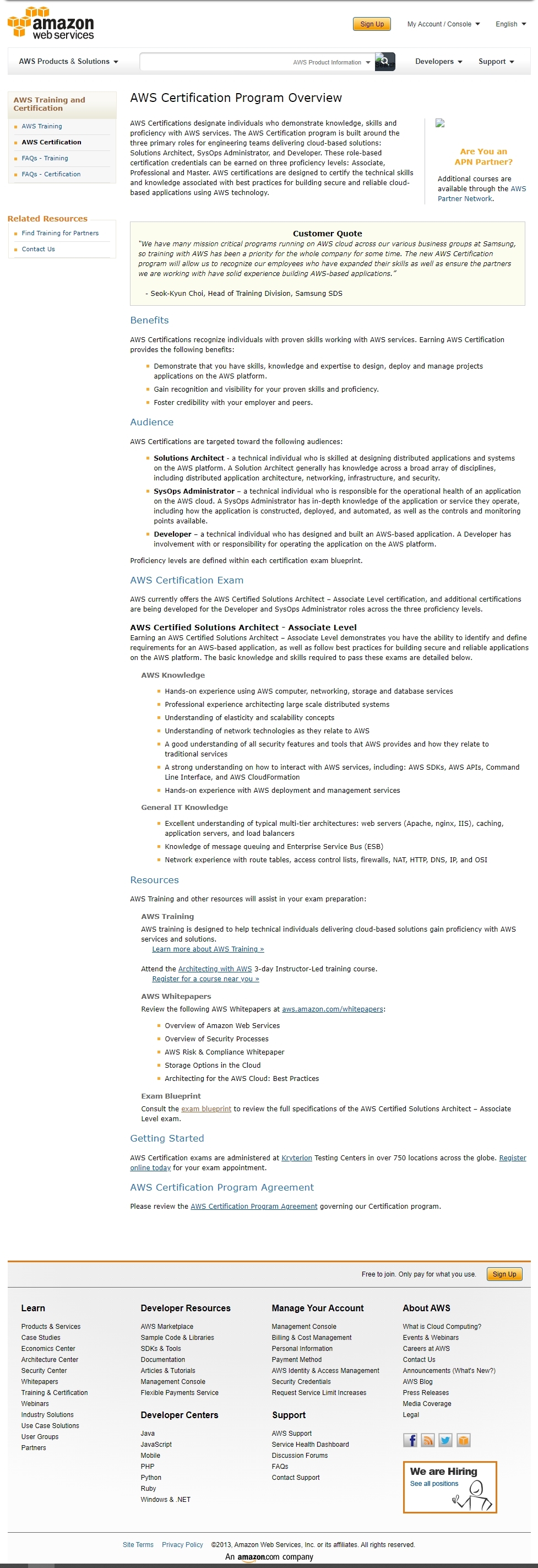 2013 AWS Certification Webpage at Launch